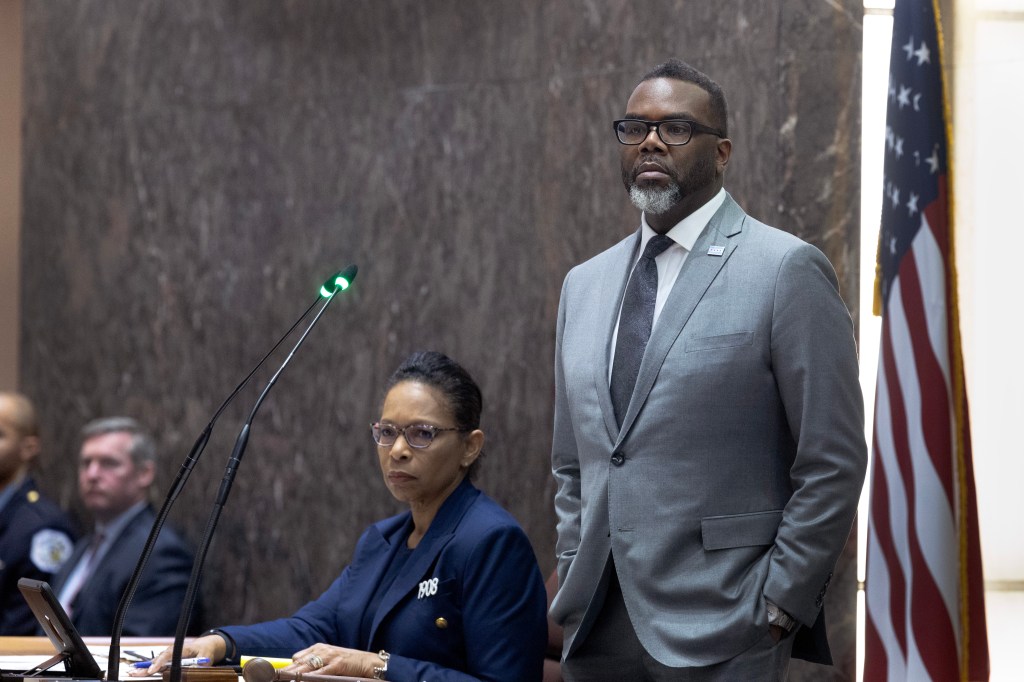 Mayor Brandon Johnson chairs a city council meeting as the Council discusses a symbolic resolution calling for a ceasefire in the war between Israel and Hamas on January 31, 2024 in Chicago, Illinois. 